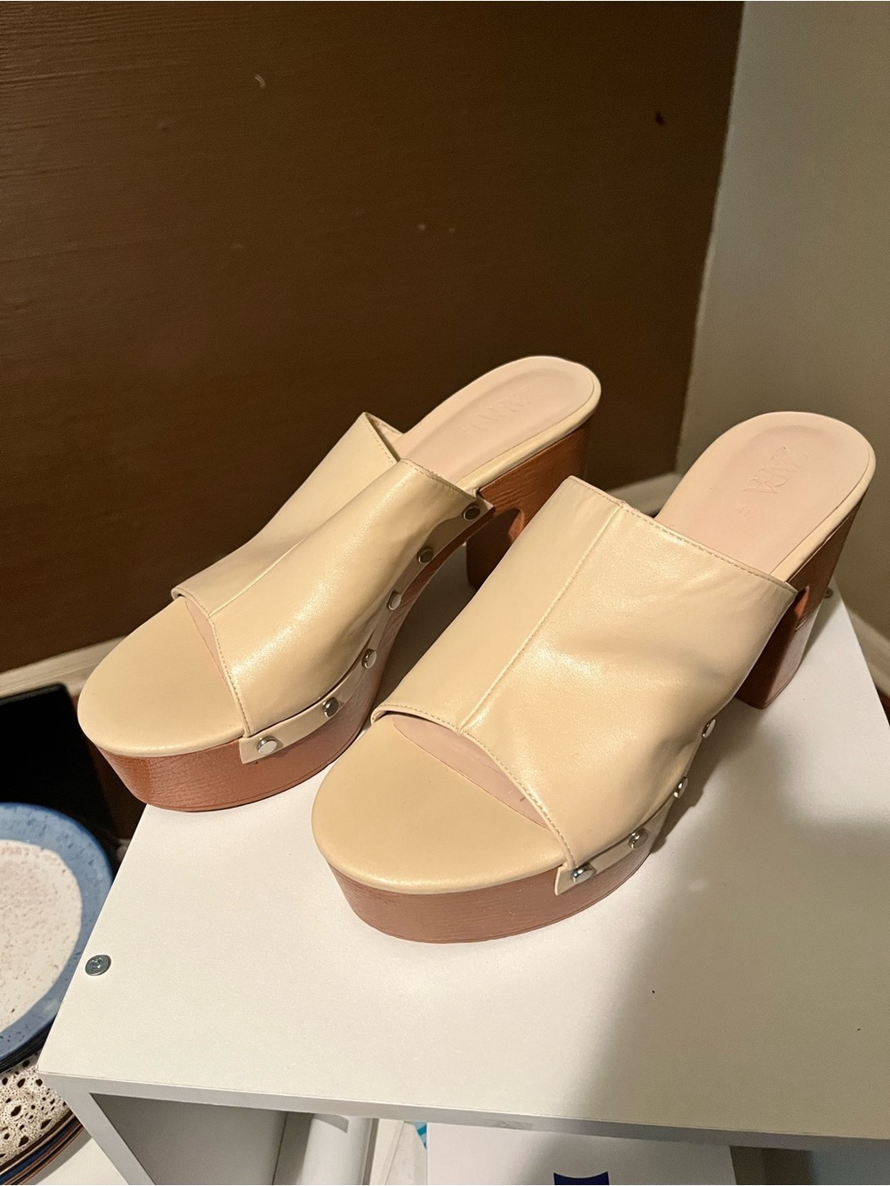 Zara Cream Leather Platform Mule Sandals